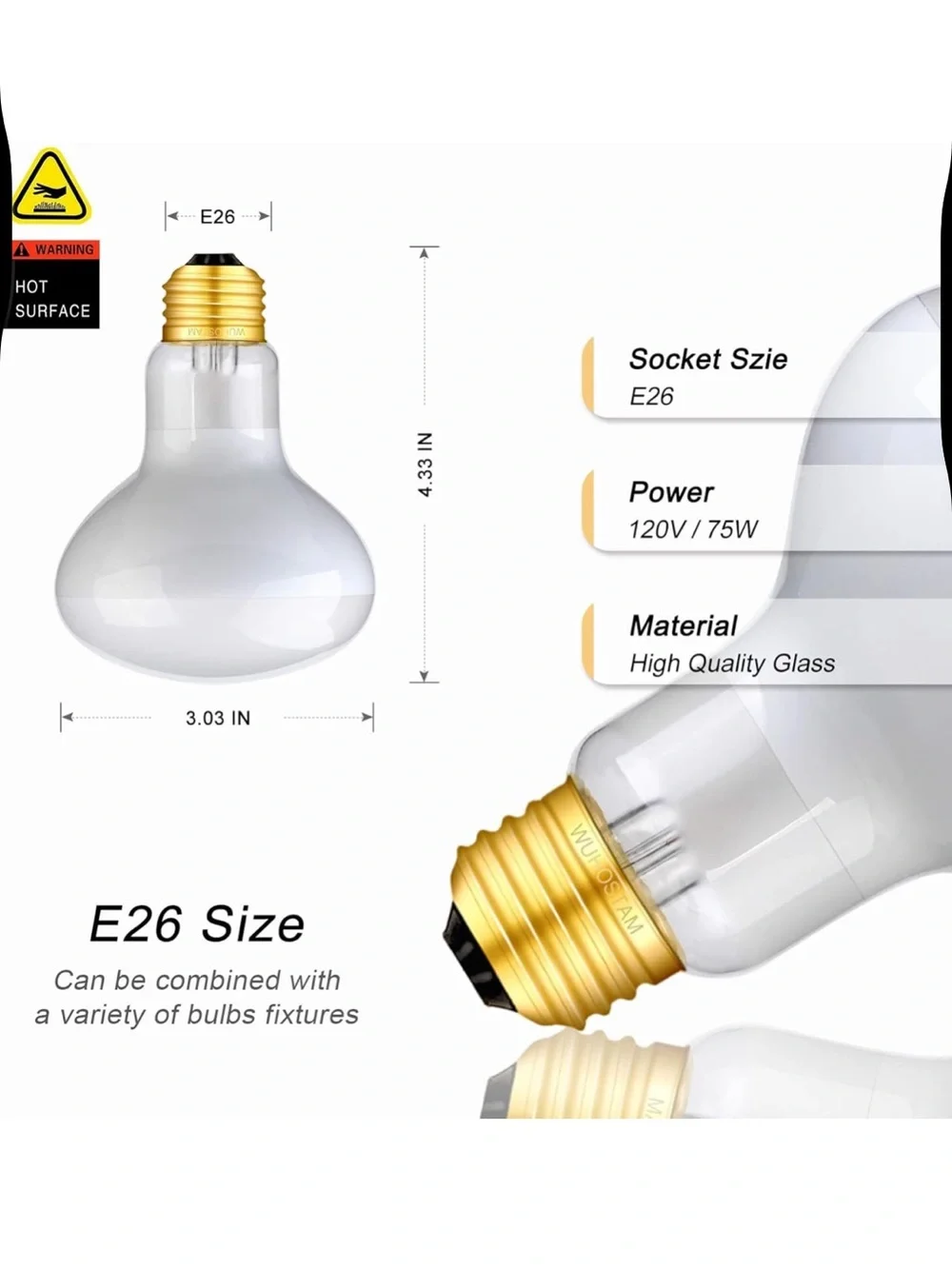 WUHOSTAM 2 Pack 75W Reptile UVA Infrared Heat Lamp Spot Bulb Soft White Light